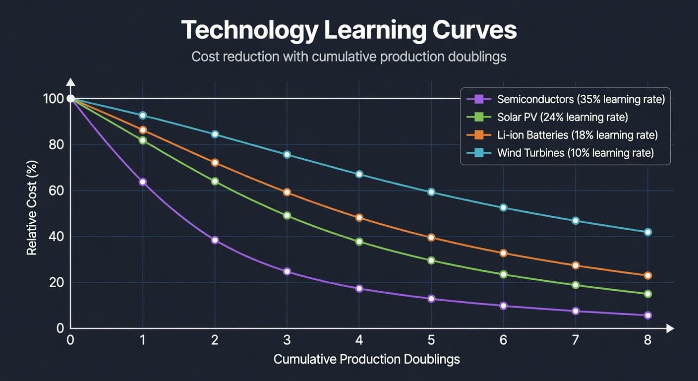 Technology Learning Curves: Cost Reduction per Production Doubling