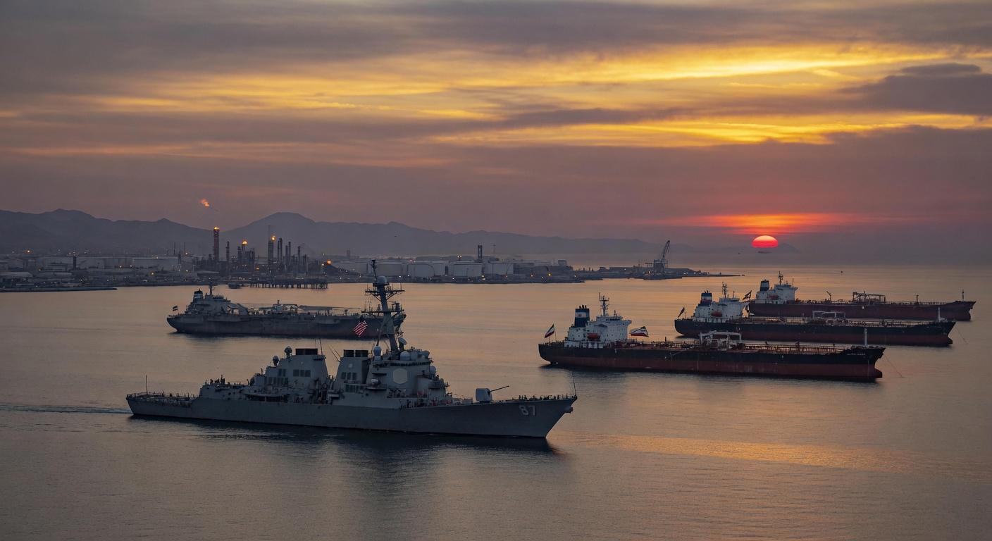 US naval presence enforcing the strategic blockade in the Persian Gulf at twilight
