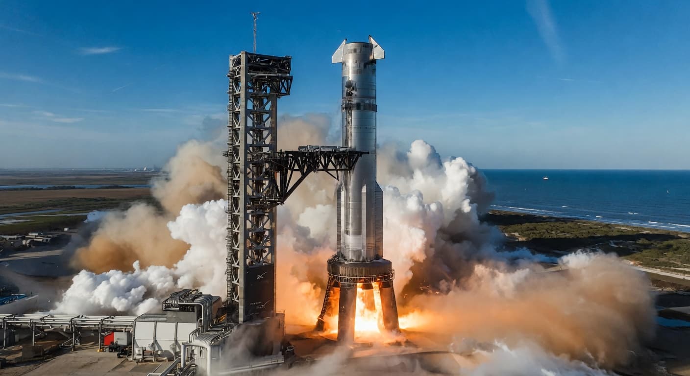 Starship Super Heavy liftoff during Integrated Flight Test