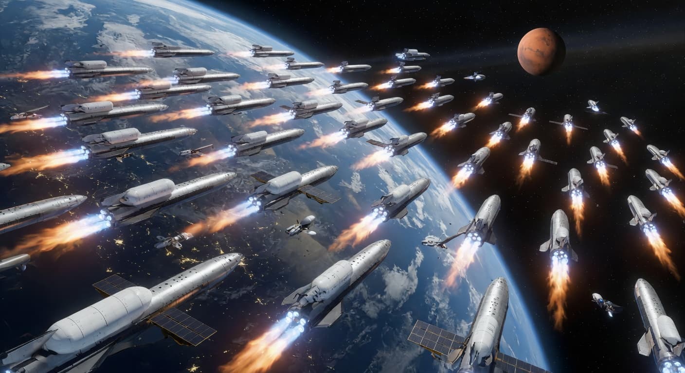 Starship fleet departing for Mars during a transfer window