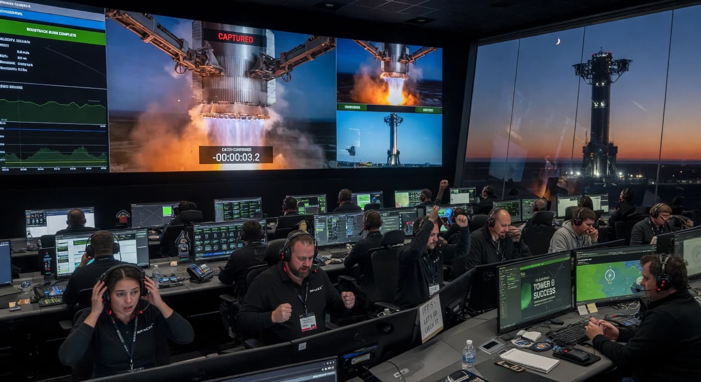 Mission control during the first Super Heavy tower catch